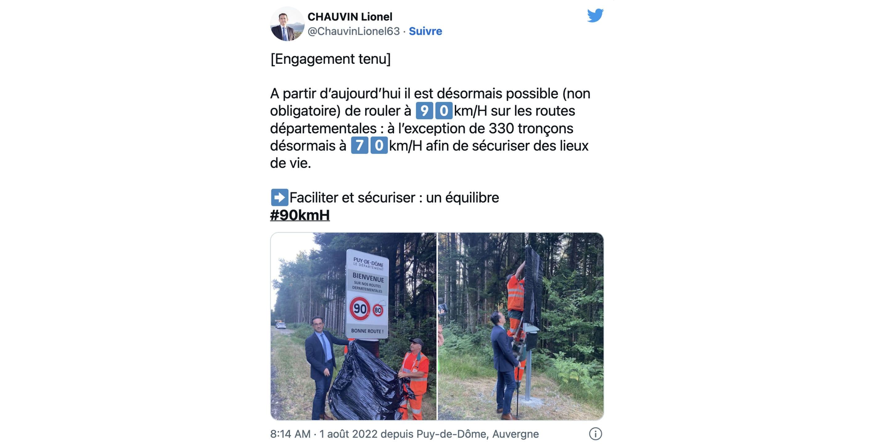 Tweet de Lionel Chauvin, Président du Conseil départemental du Puy-de-Dôme.