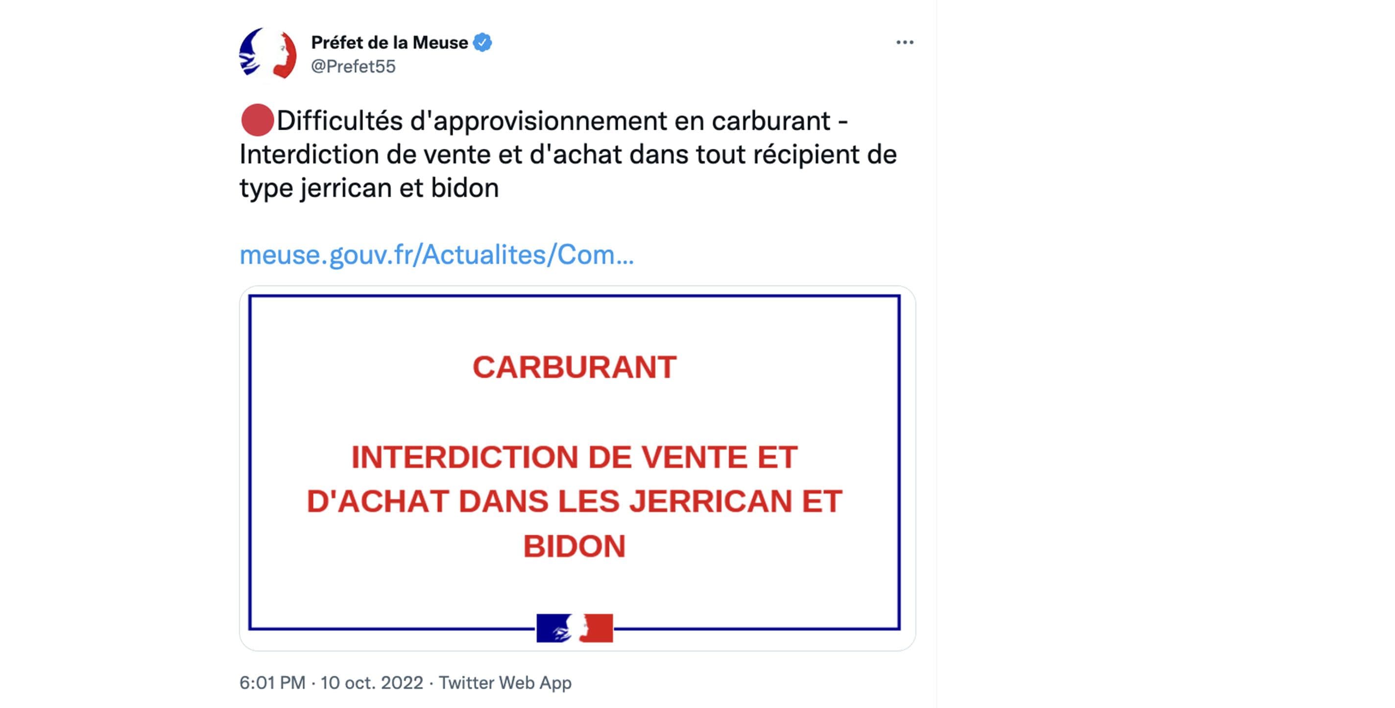 Tweet de la préfecture de la Meuse.