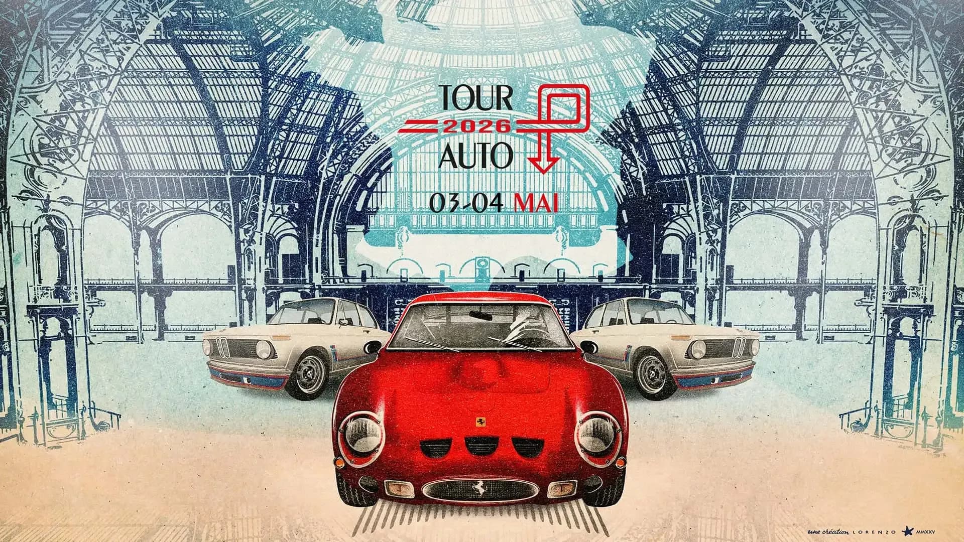 L'affiche officielle du Tour Auto 2026 qui montre Départ du Tour Auto 2026 avec une Ferrari 250 GTO