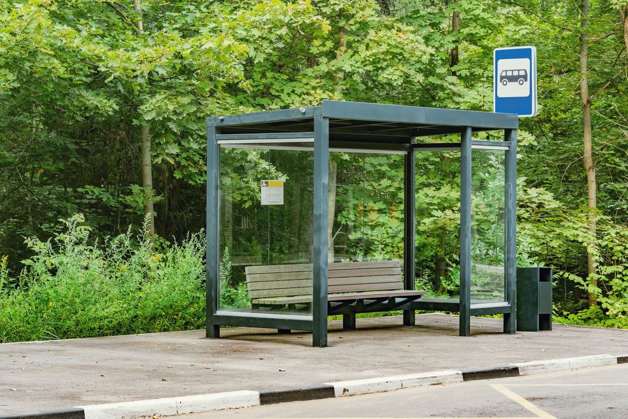 un arrêt de bus vide en lisière de forêt