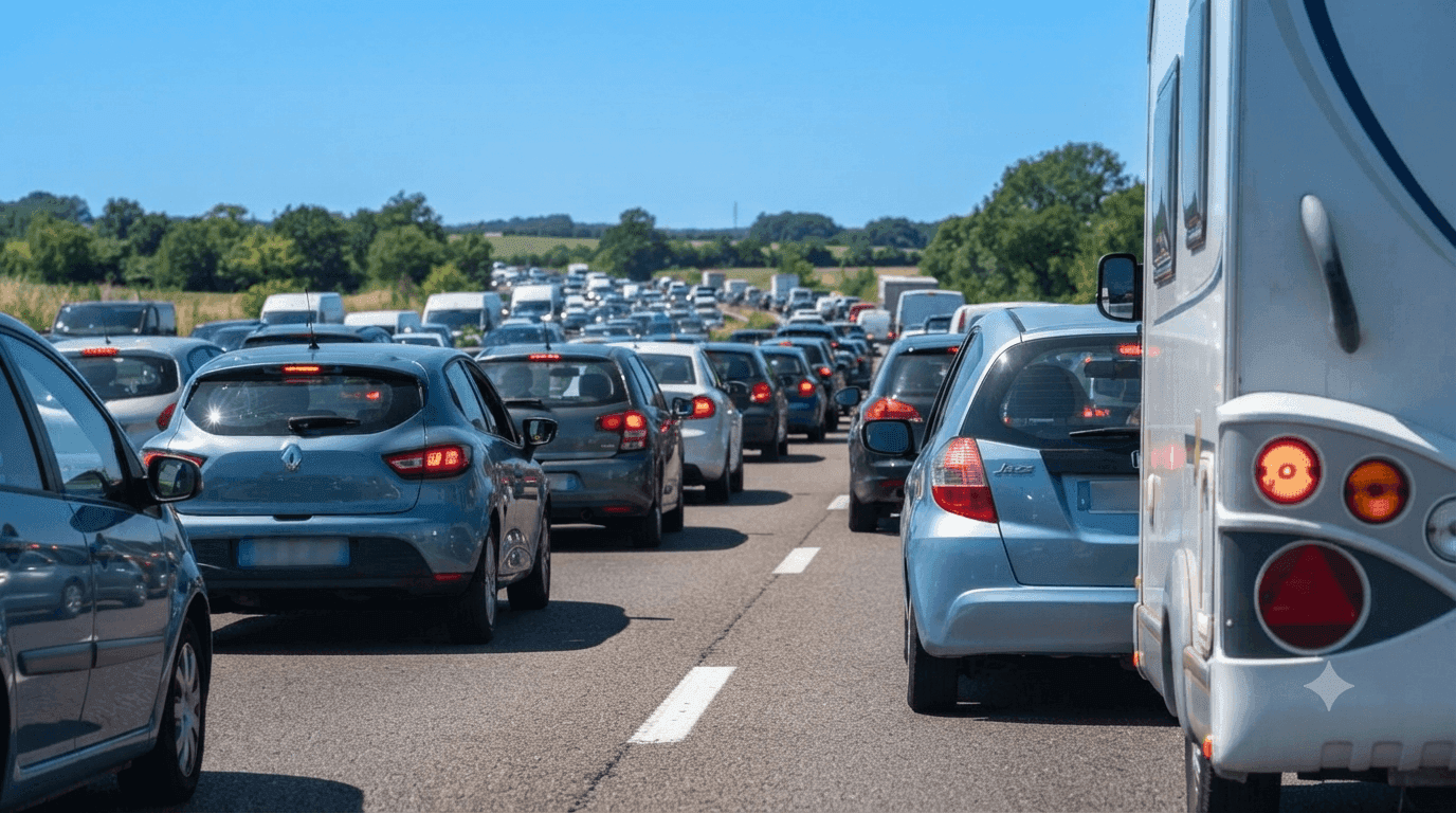 Embouteillage sur autoroute avec voitures et camping-car à l’arrêt