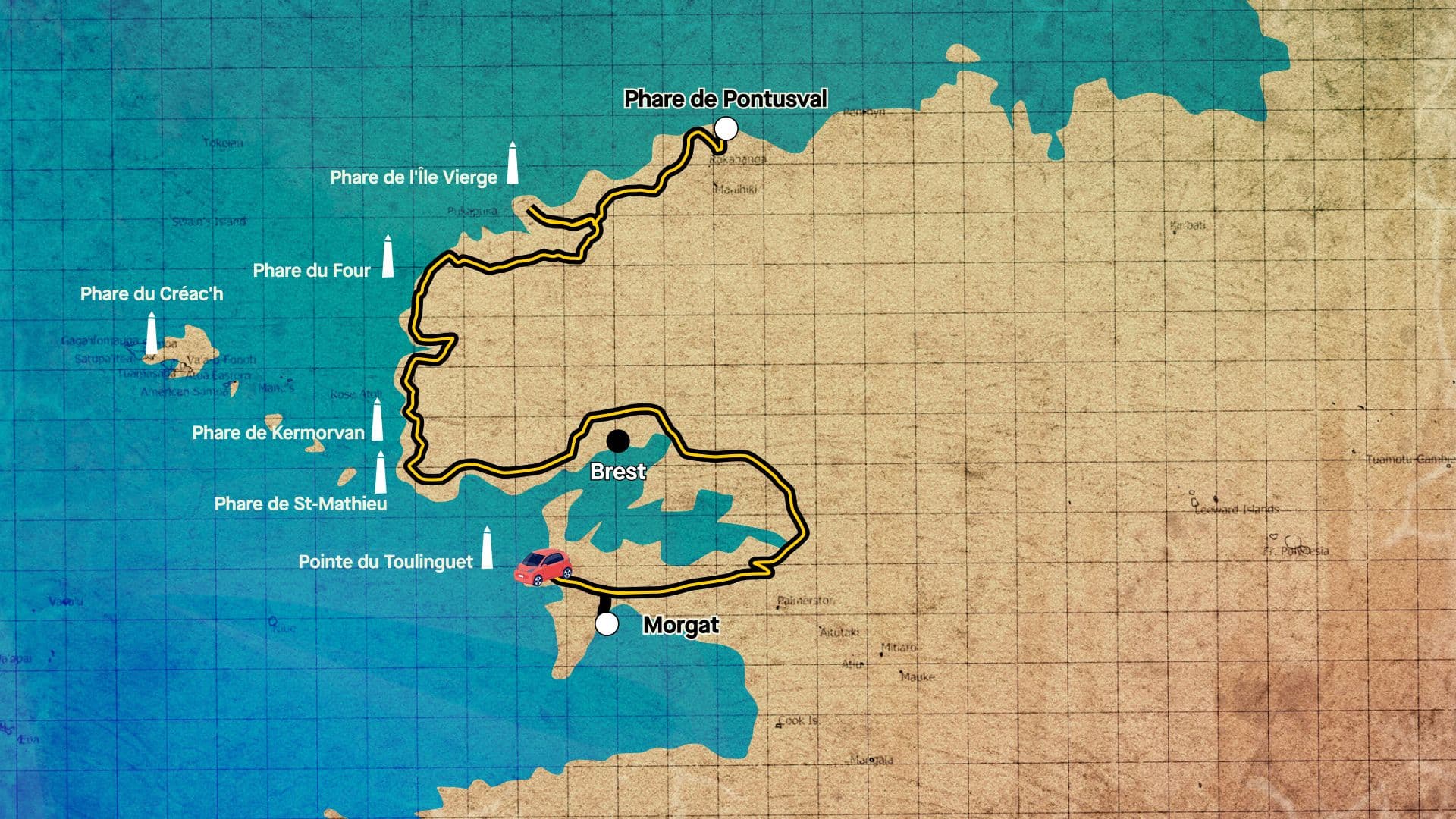 Carte de la Route des Phares : de Pontusval à la presqu'île de Crozon. ©Roole