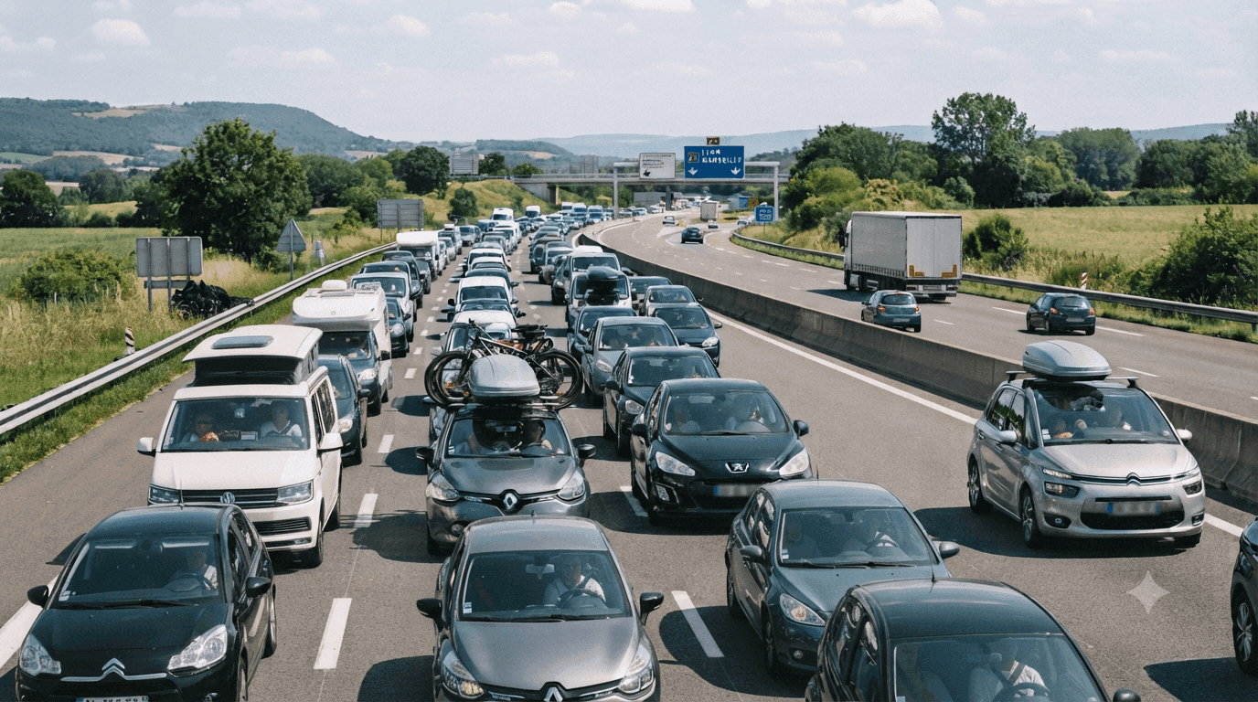 Embouteillage sur autoroute avec voitures et camionnette chargées de vélos et coffres de toi et vans