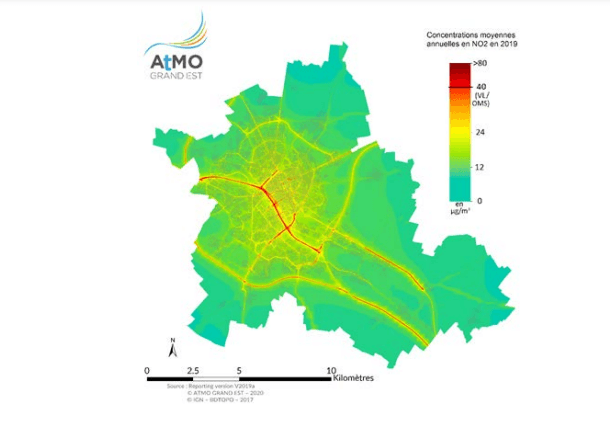 Concentrations moyennes annuelles en NO2 en 2019 ©ATMO Grand Est