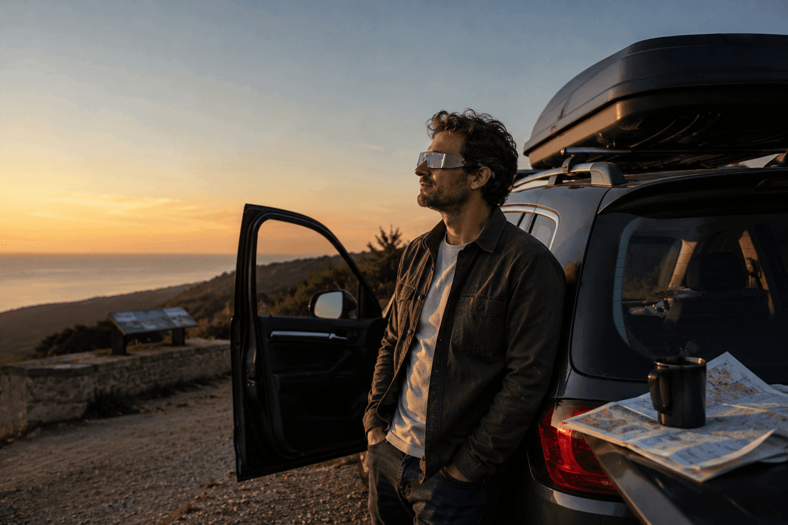 Un homme à côté de sa voiture observant l'éclipse solaire.