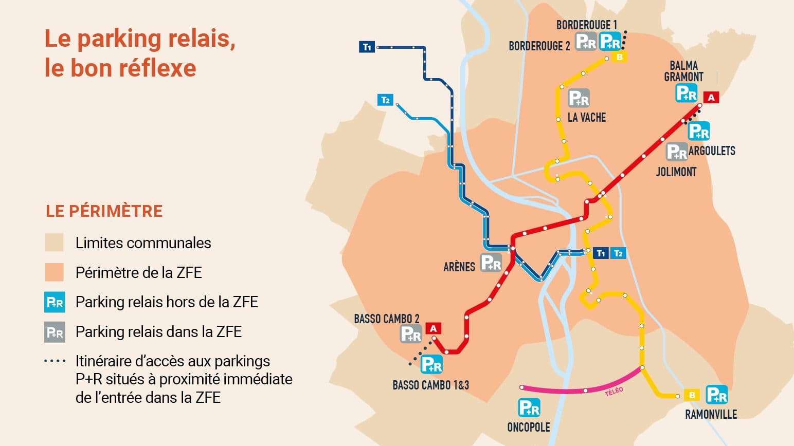 La carte des parkings relais sur le périmètre de la ZFE de Toulouse Métropole. ©Toulouse Métropole