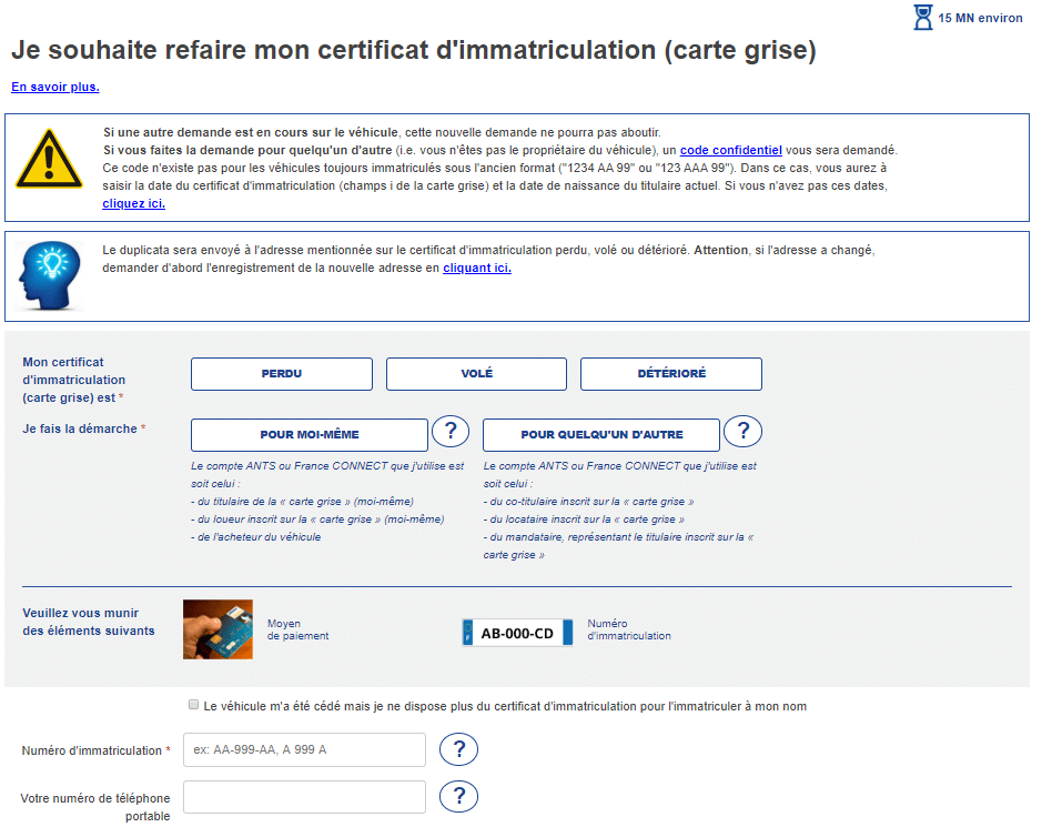 Refaire sa carte grise sur le site de l'ANTS