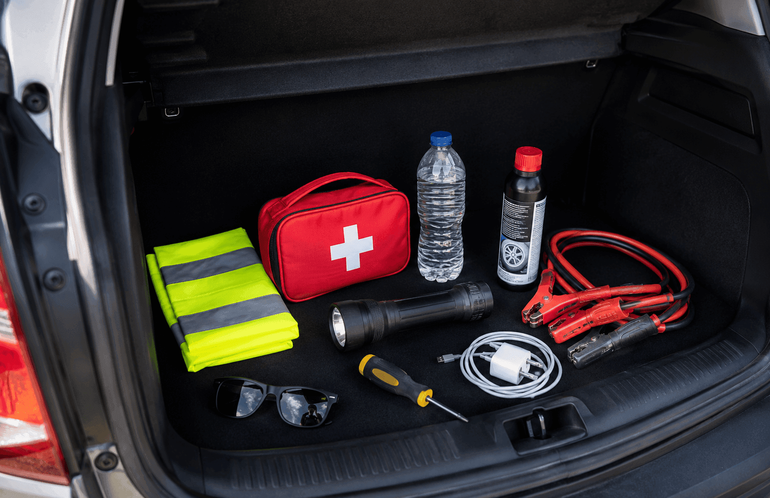Vue d'un coffre ouvert avec des objects constituant un kit de survie.