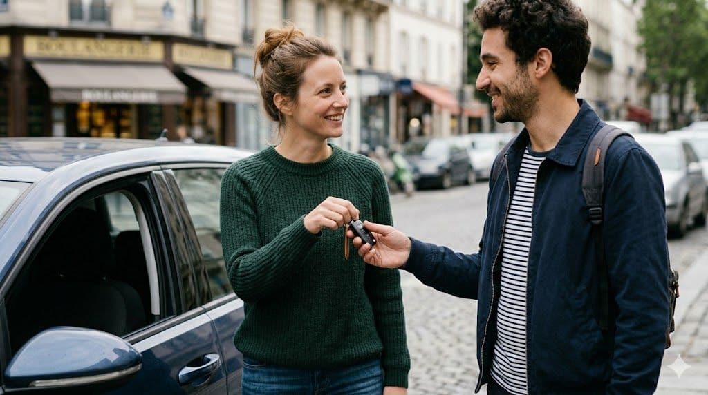 Un particulier confie sa voiture et ses clés à un autre automobiliste dans le cadre d'une location de particulier à particulier