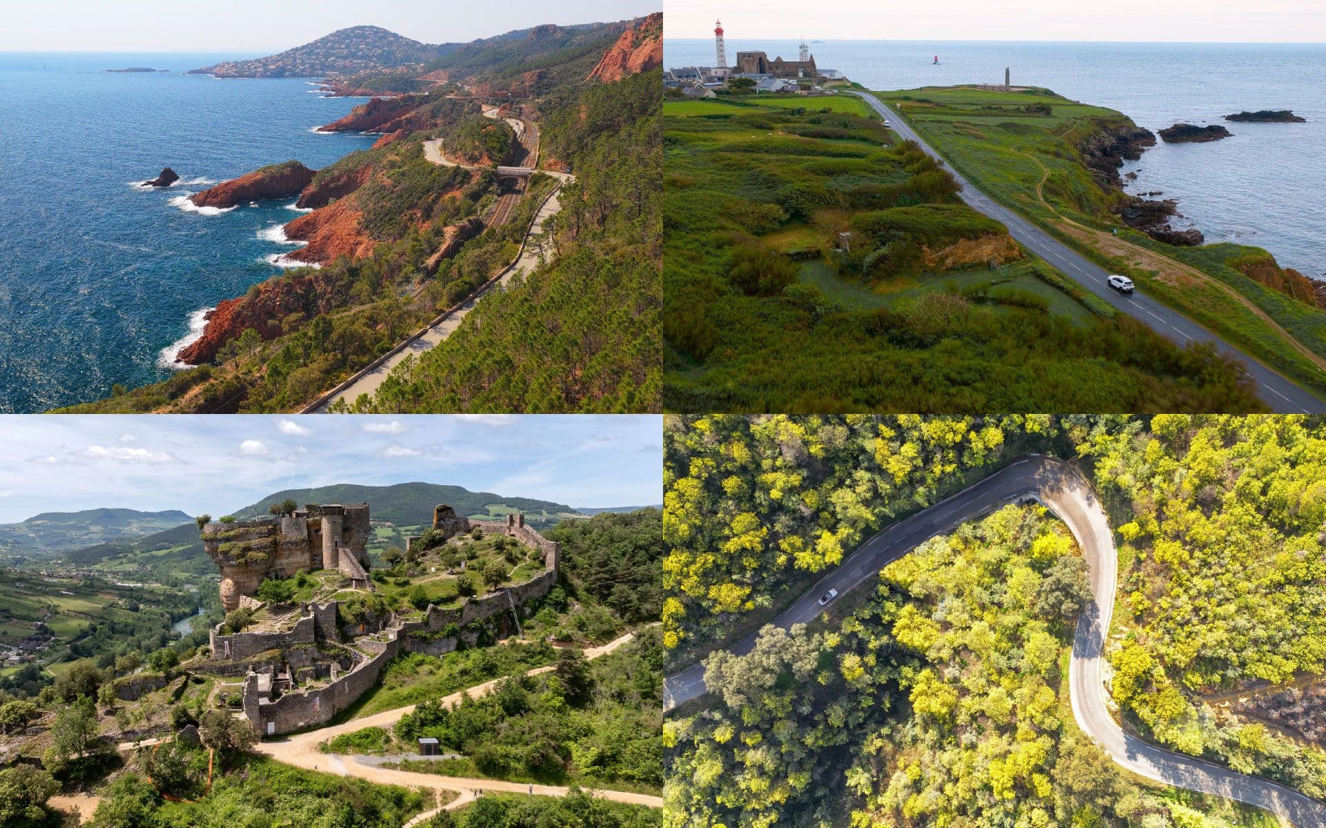 Clichés des plus belles routes de France comme la Corniche d'Or, la route du mimosa, les Gorges du Tarn ou encore la route des Phares dans le Finistère