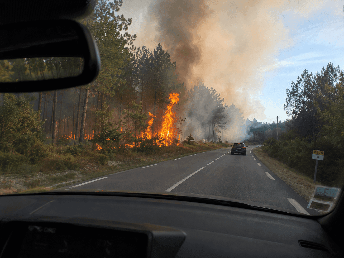 Départ de feu de forêt le long d'une route départementale.