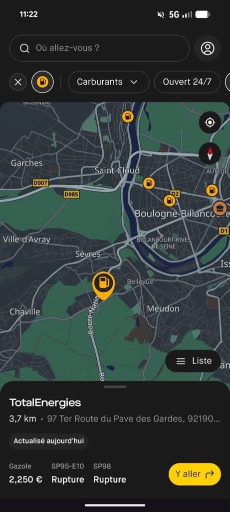 Cette station-service est en rupture aujourd'hui sur le SP95-E10 et sur le SP98 d'après l'application Roole Map. ©Roole