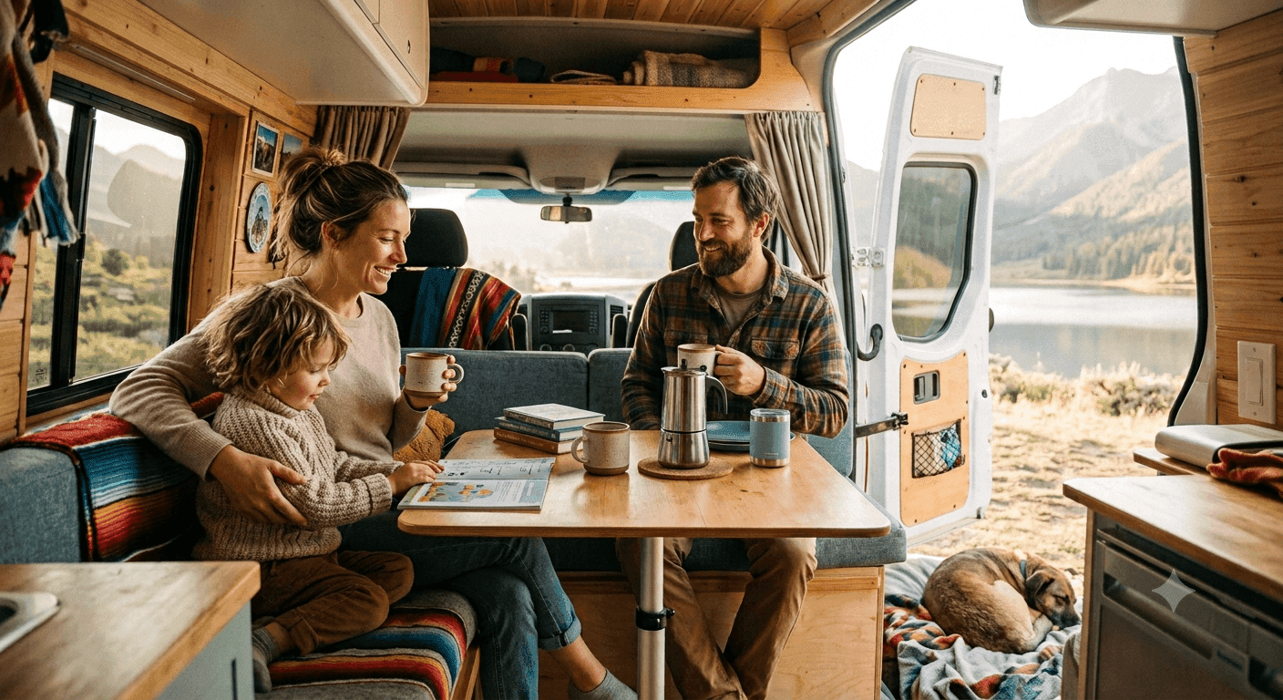 Famille assise dans un van aménagé avec table et café