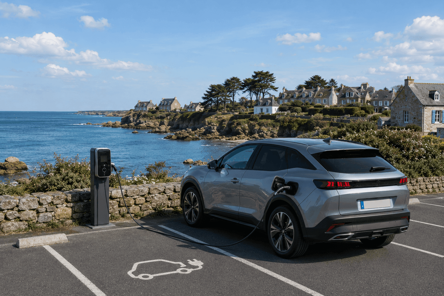 Voiture électrique en charge en bord de mer.