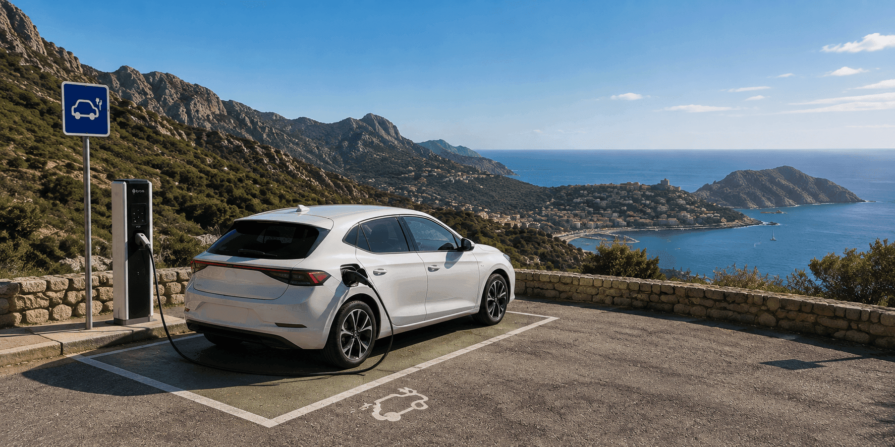 Une voiture électrique en charge en bord de mer.