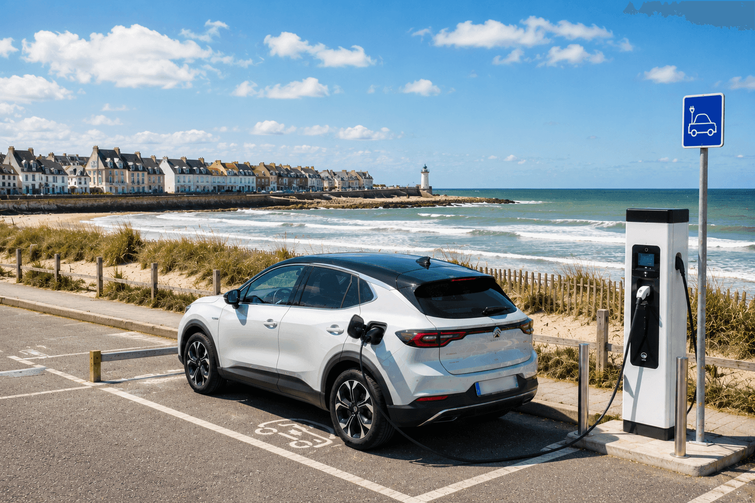 Une voiture électrique en charge sur une borne en front de mer.
