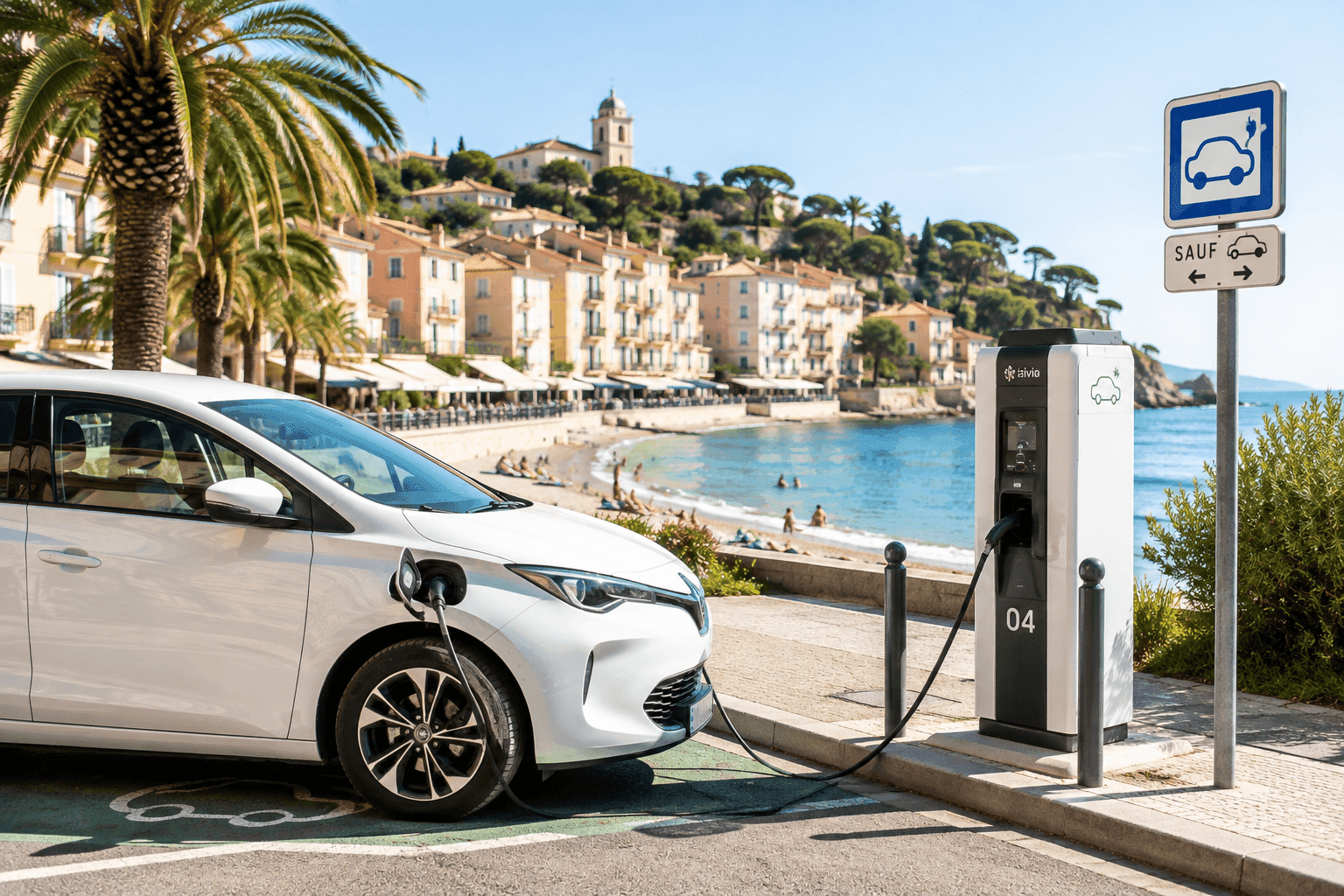 Une voiture électrique en charge en bord de mer.