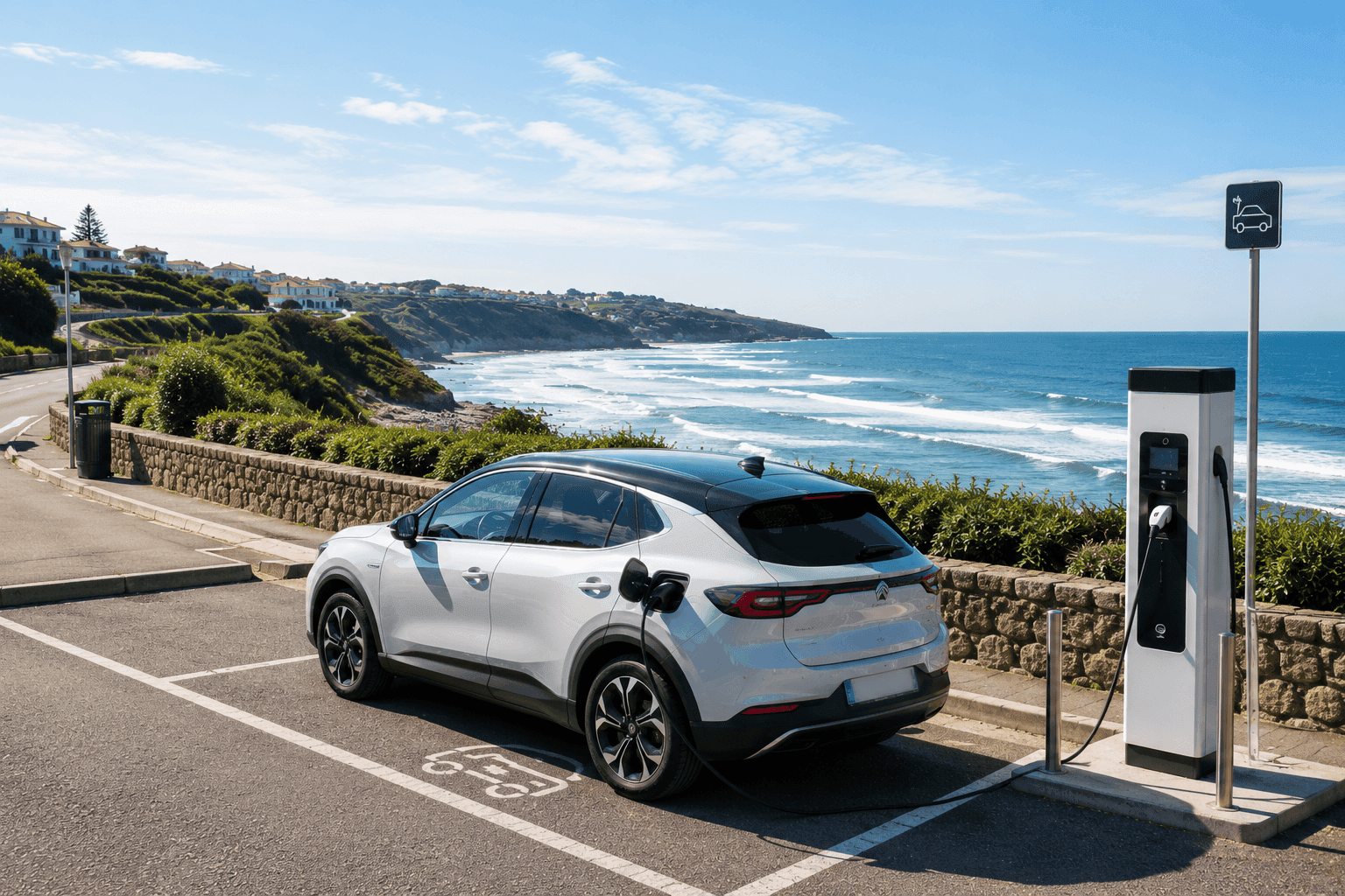Une voiture électrique en charge sur une borne au bord de l'océan.