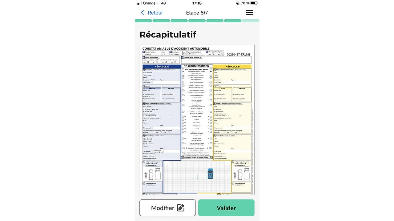 Capture d’écran du récapitulatif du e-constat sur l’application mobile. 