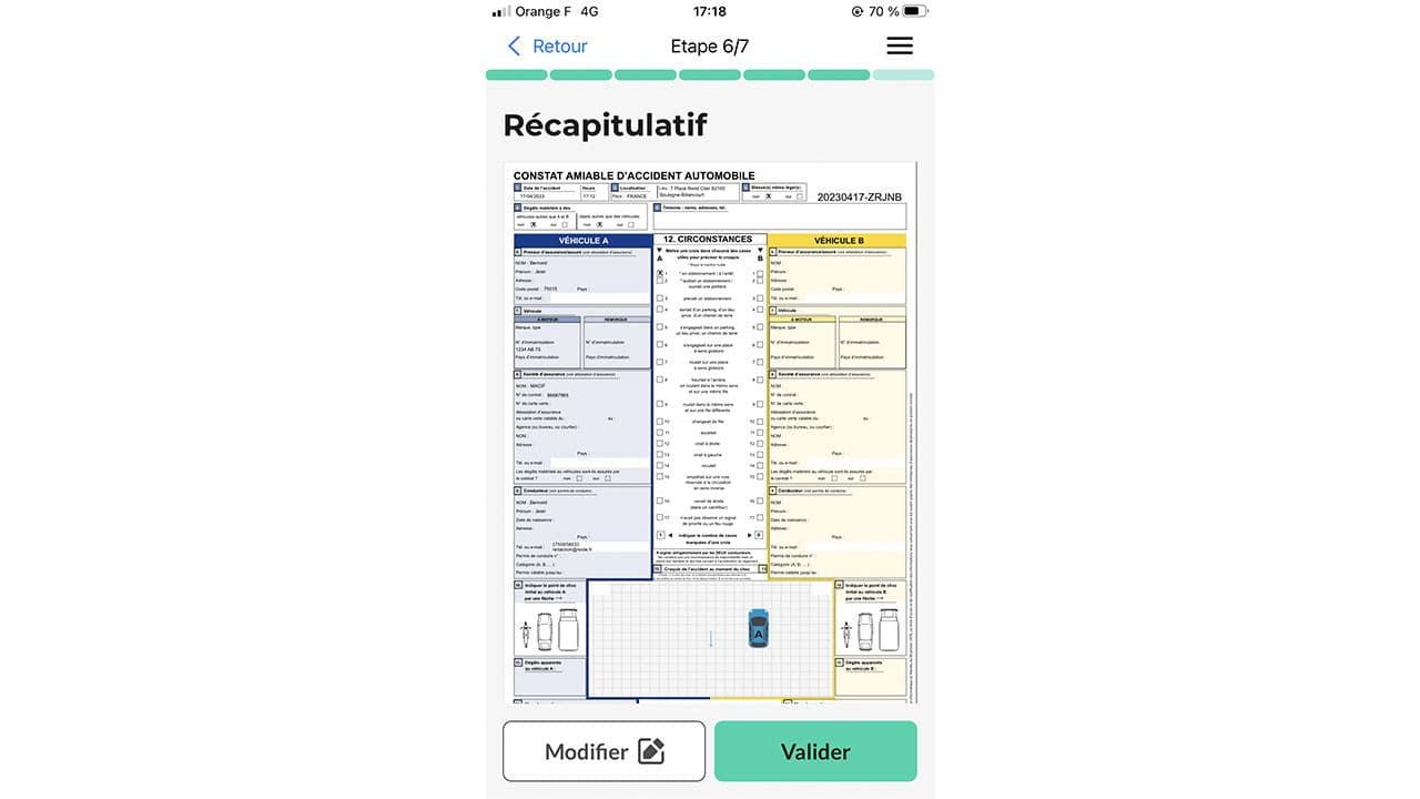 Capture d’écran du récapitulatif du e-constat sur l’application mobile.