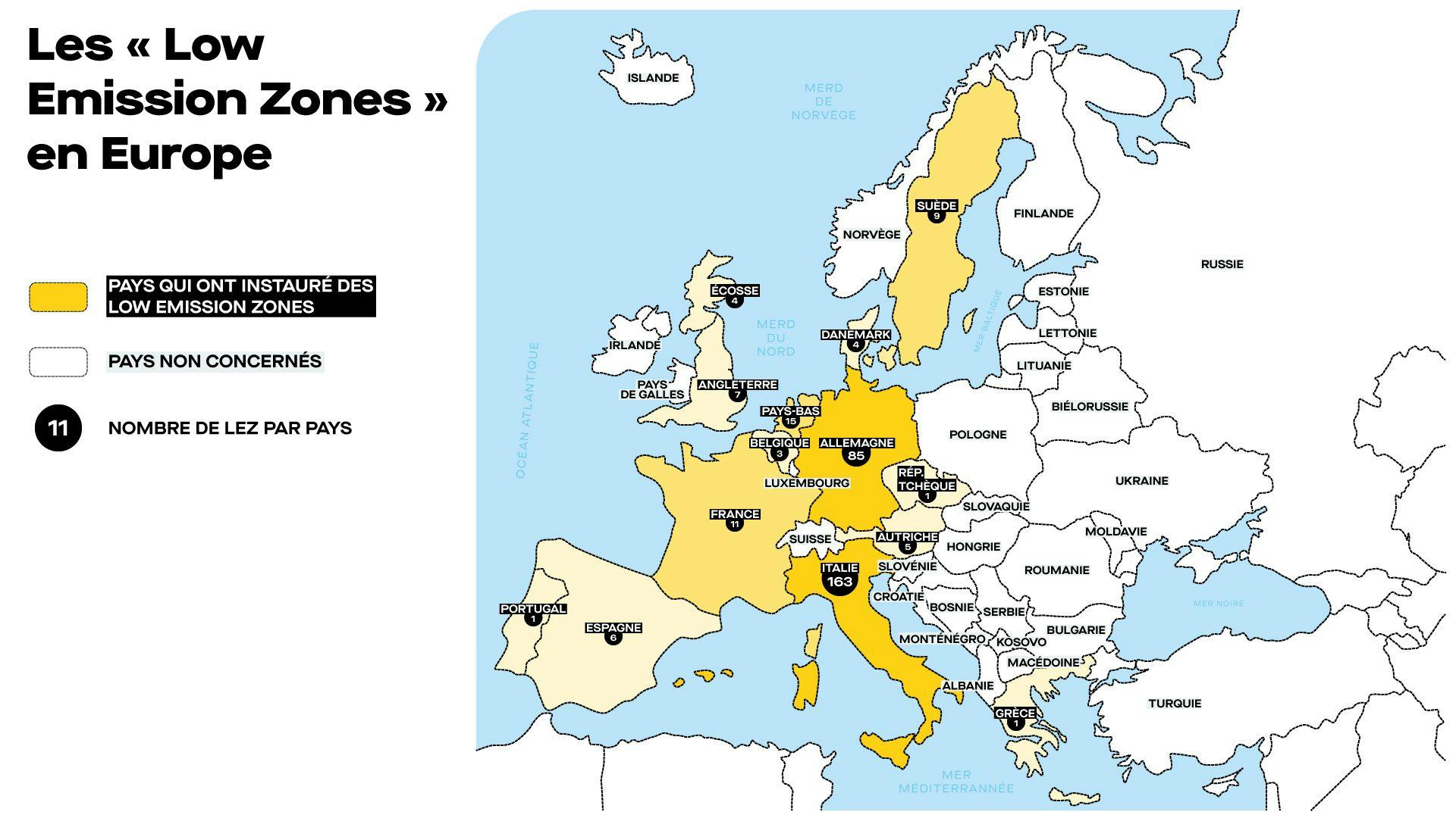 Au total, 315 "Low Emission Zones" sont recensées dans 14 pays européens. Source : Ademe.  ©Roole