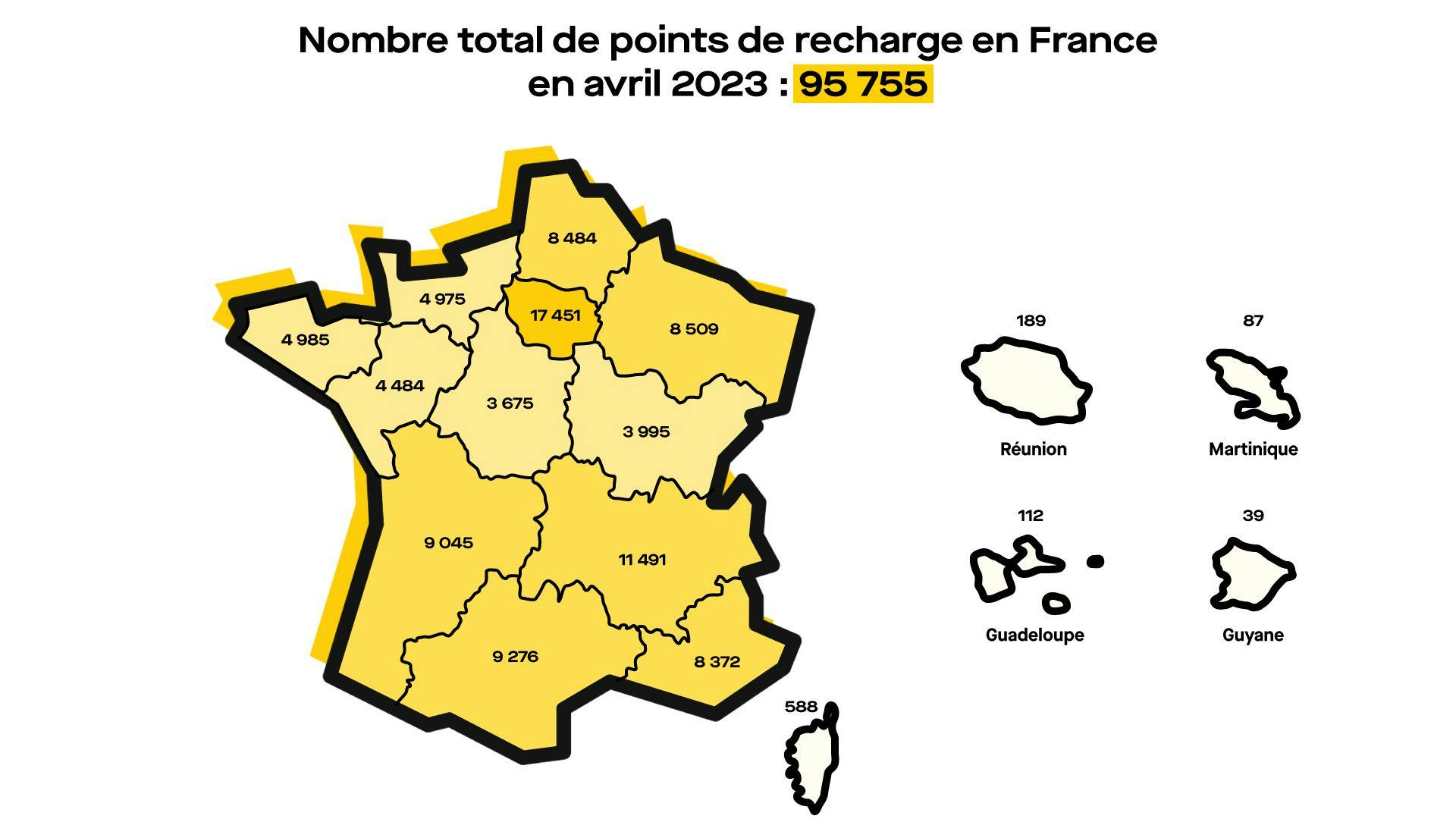 Carte de la répartition des points de charge par région (données chiffrées du baromètre d'avril 2023 de l'Avere-France)