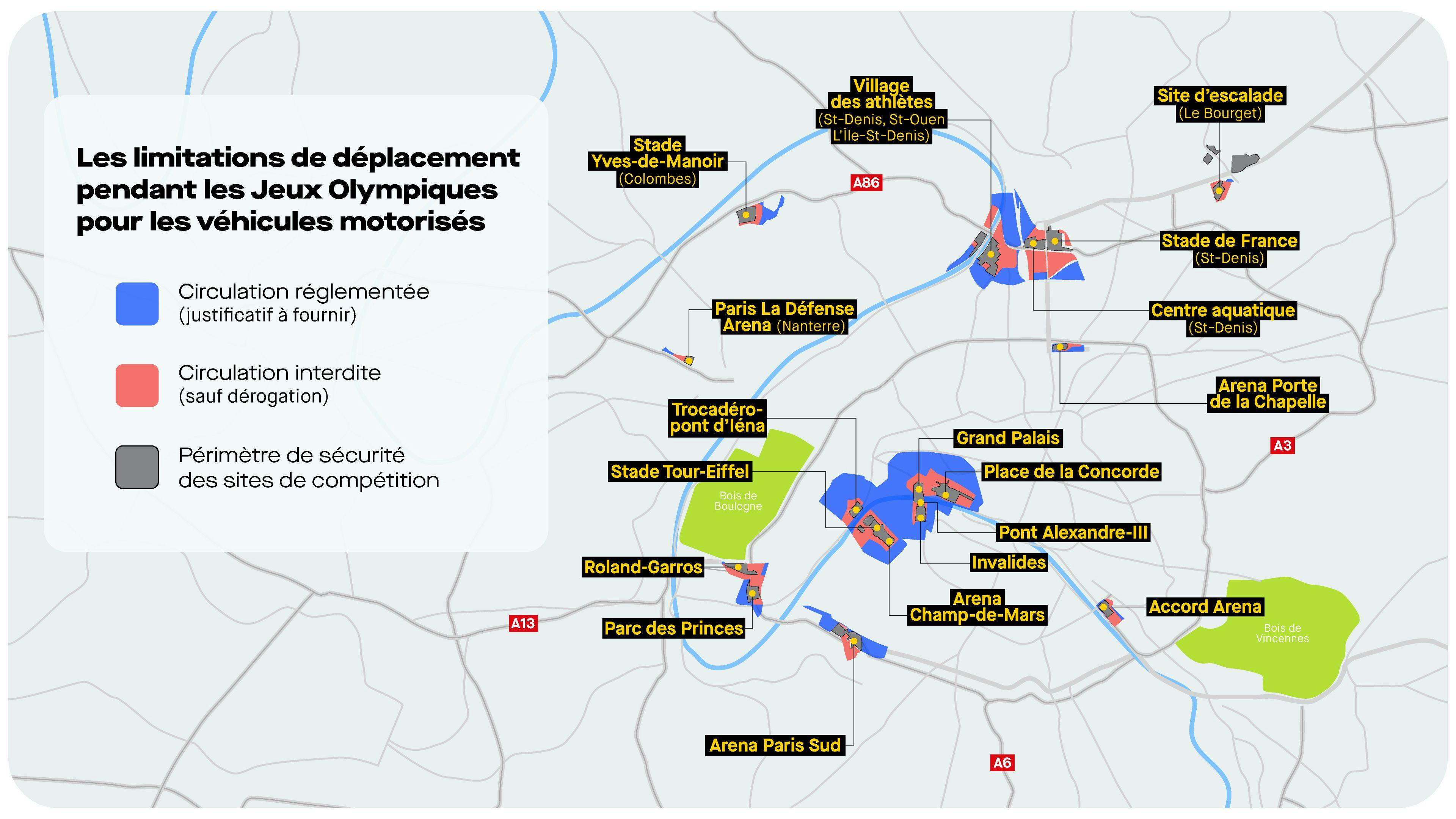 Carte des restrictions de circulation pour les Jeux Olympiques et paralympiques 2024. ©Roole