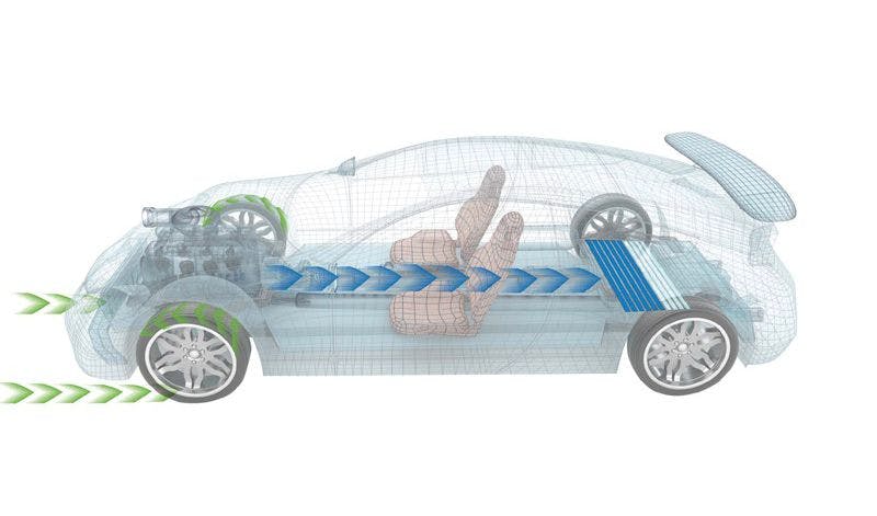 Flux d’énergie au freinage d’une voiture hybride. © Delphi Technologies