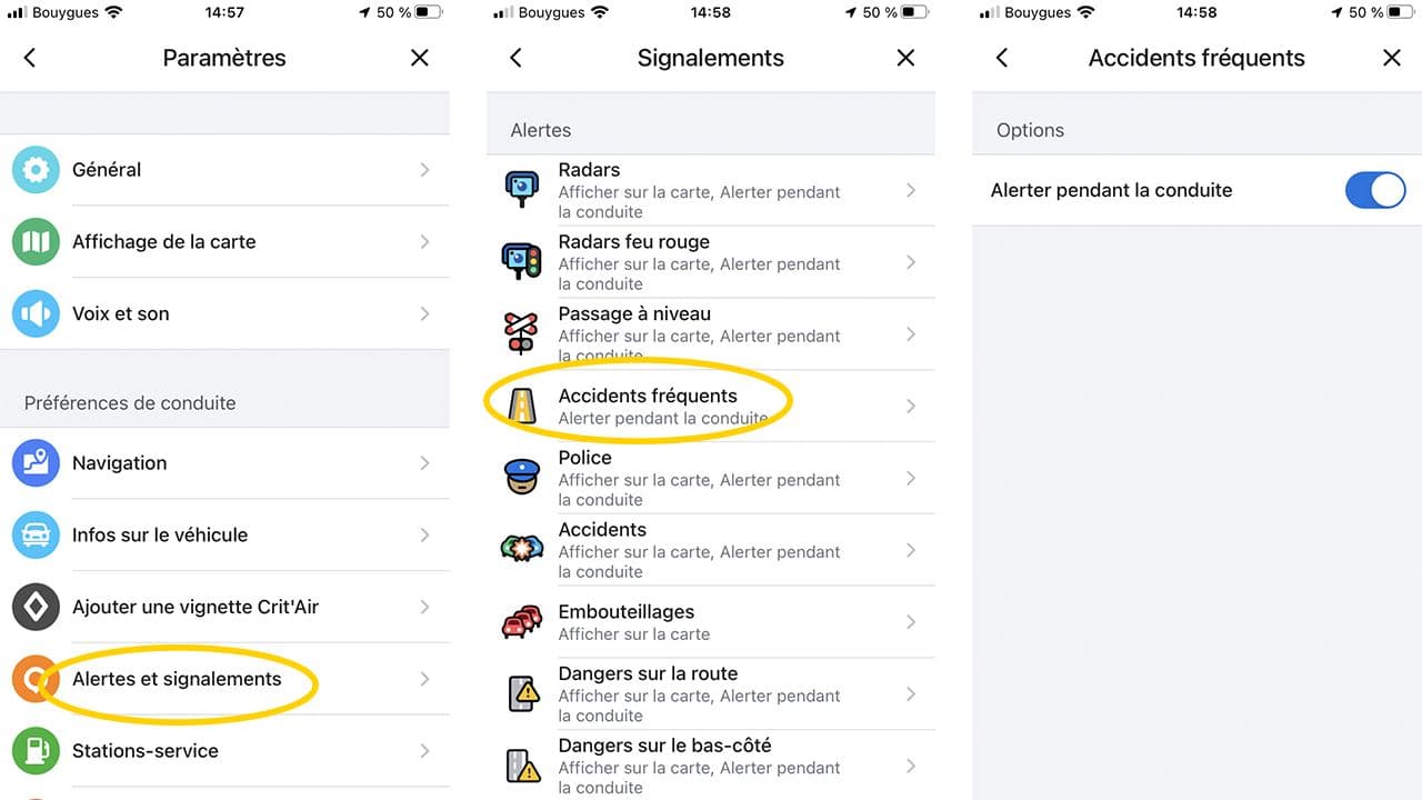 Les paramètres de signalement sur l'application Waze. ©Roole