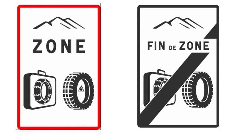 Panneaux B58 et B59 qui indiquent l'entrée et la sortie d'une zone réglementée dans les territoires montagneux.