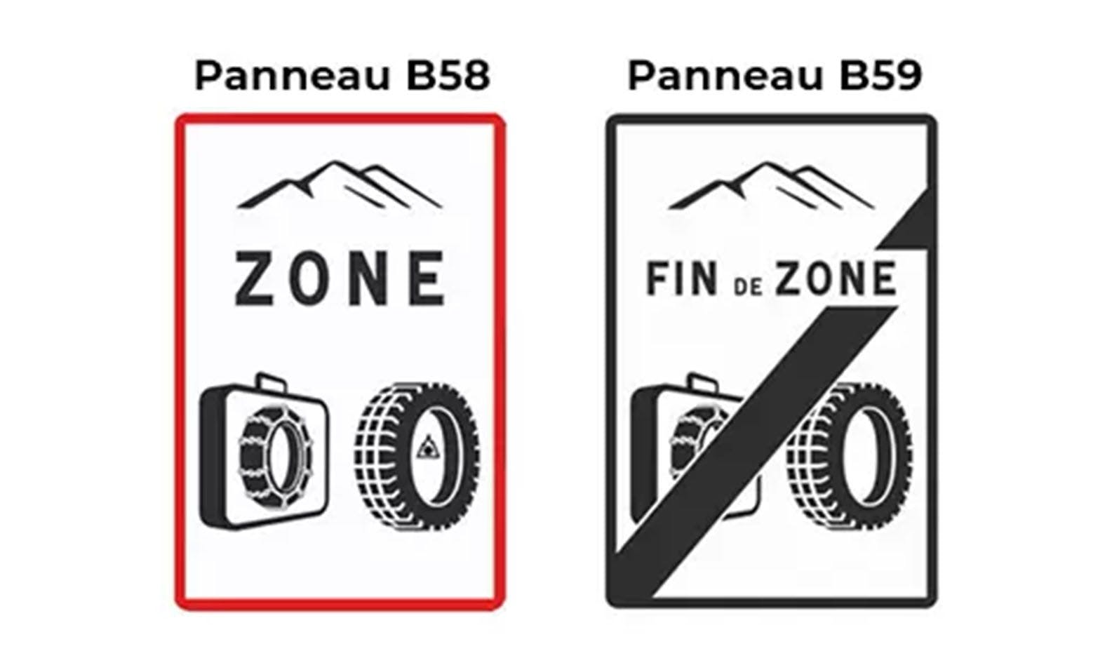 Panneaux B58 et B59 qui indiquent l'entrée et la sortie d'une zone réglementée. 