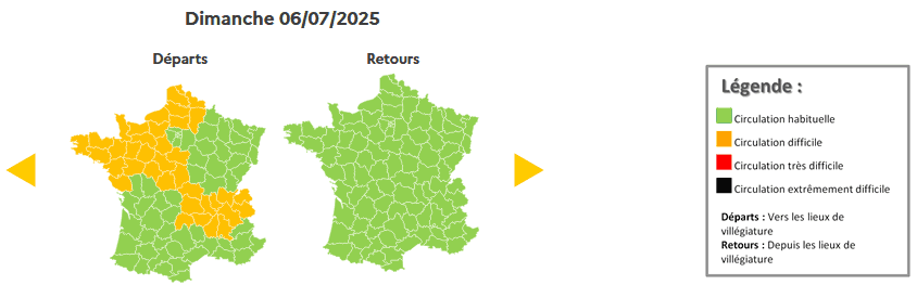 Prévisions de circulation de Bison Futé pour le dimanche 6 juillet 2025. © Bison futé