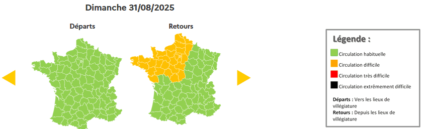 Prévision de circulation de Bison Futé pour le dimanche 31 août 2025. ©Bison futé