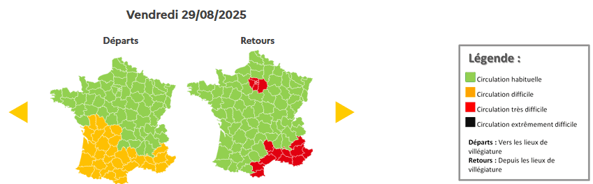 Prévision de circulation de Bison Futé pour le vendredi 29 août 2025. ©Bison futé