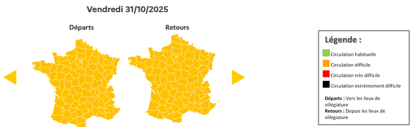 Prévision de circulation de Bison Futé pour le vendredi 31 octobre 2025. ©Bison futé