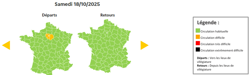 Prévision de circulation de Bison Futé pour le samedi 18 octobre 2025. ©Bison futé