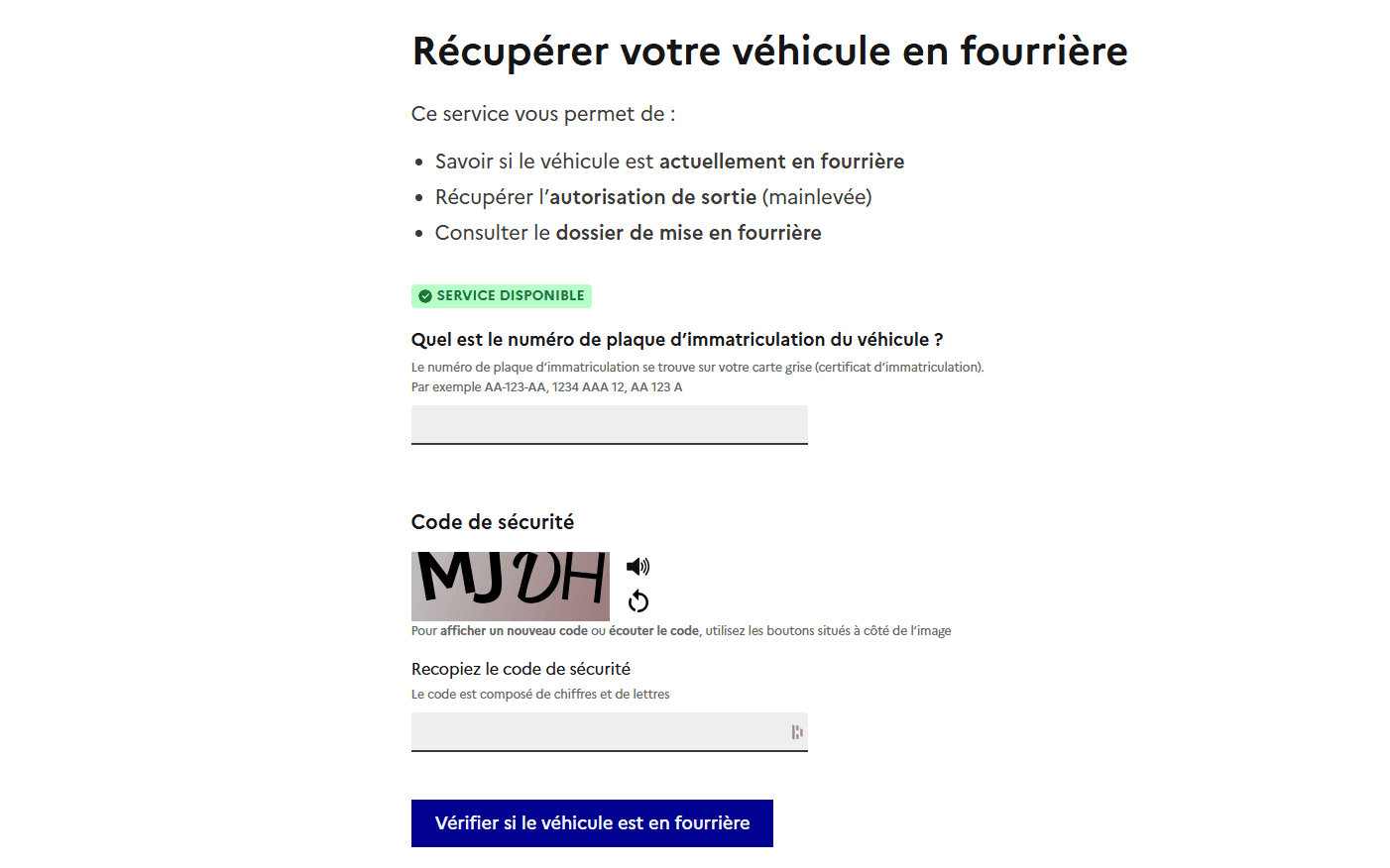Capture du site officiel qui permet de vérifier si votre véhicule est en fourrière. ©https://www.service-public.fr/
