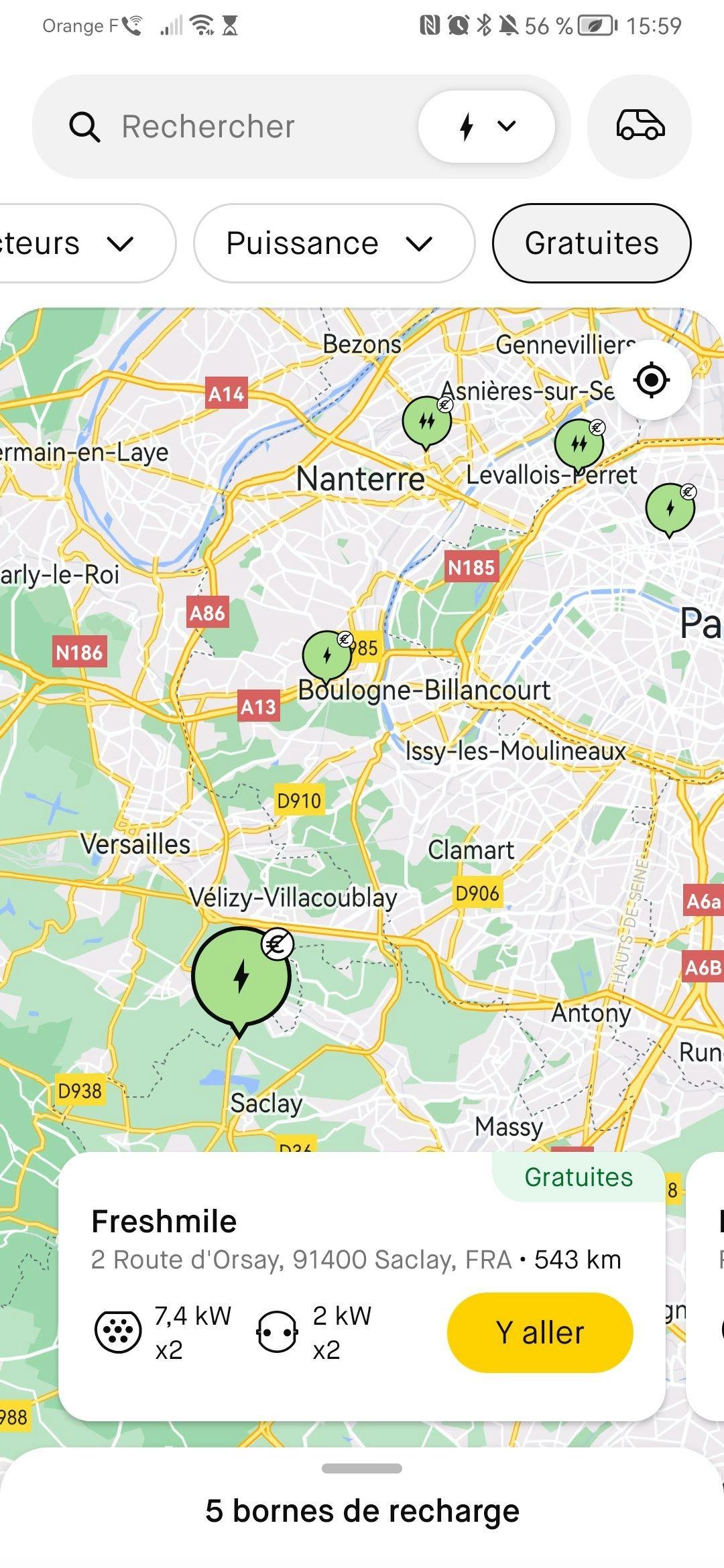 Trouver le filtre des bornes gratuites sur l'application mobile Roole Map.