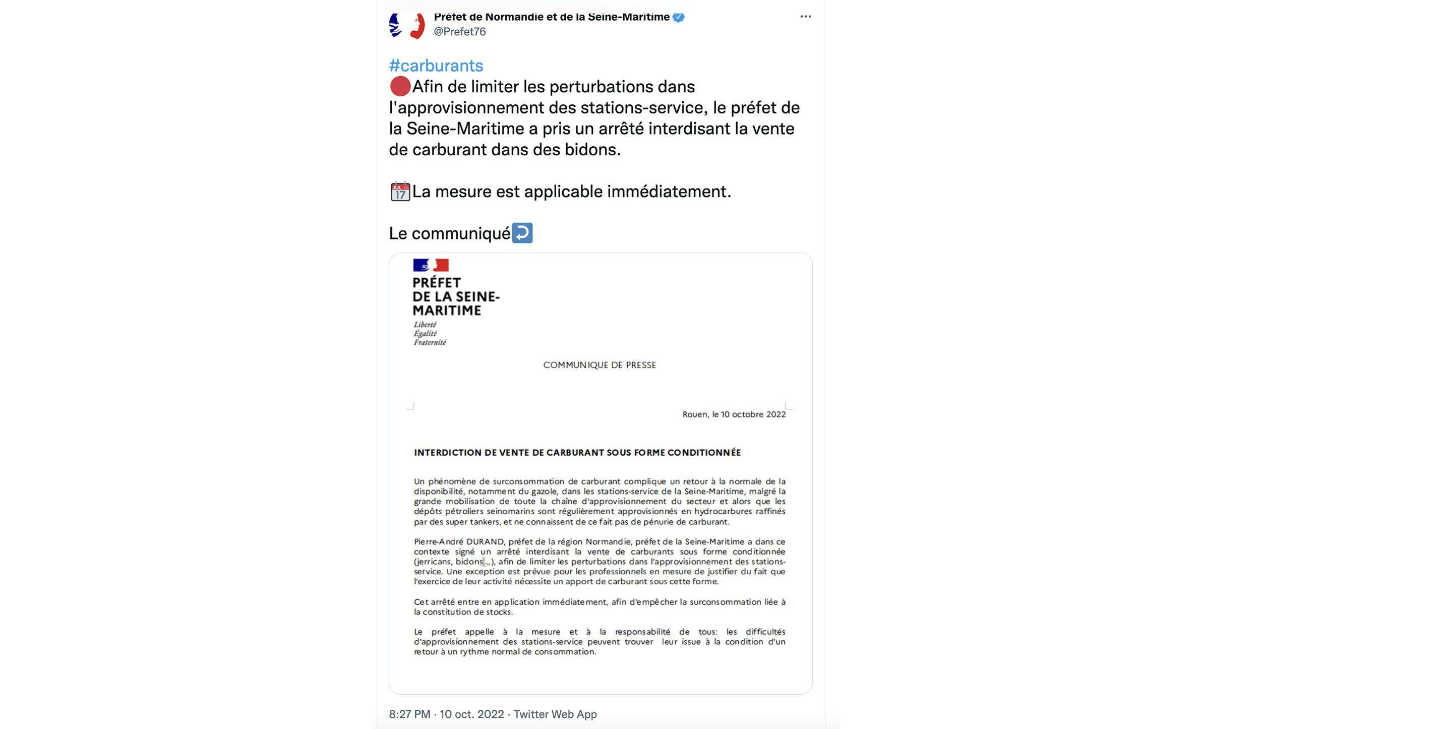 Tweet annonçant l'arrêté en Seine-Maritime.