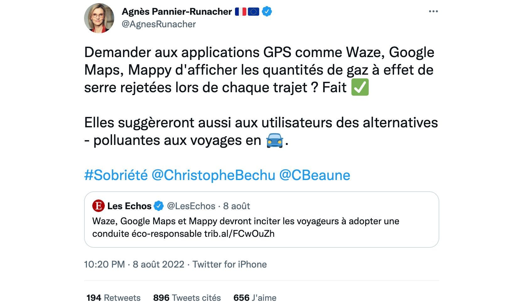 Tweet d'Agnès Pannier-Runacher, Ministre de la Transition énergétique