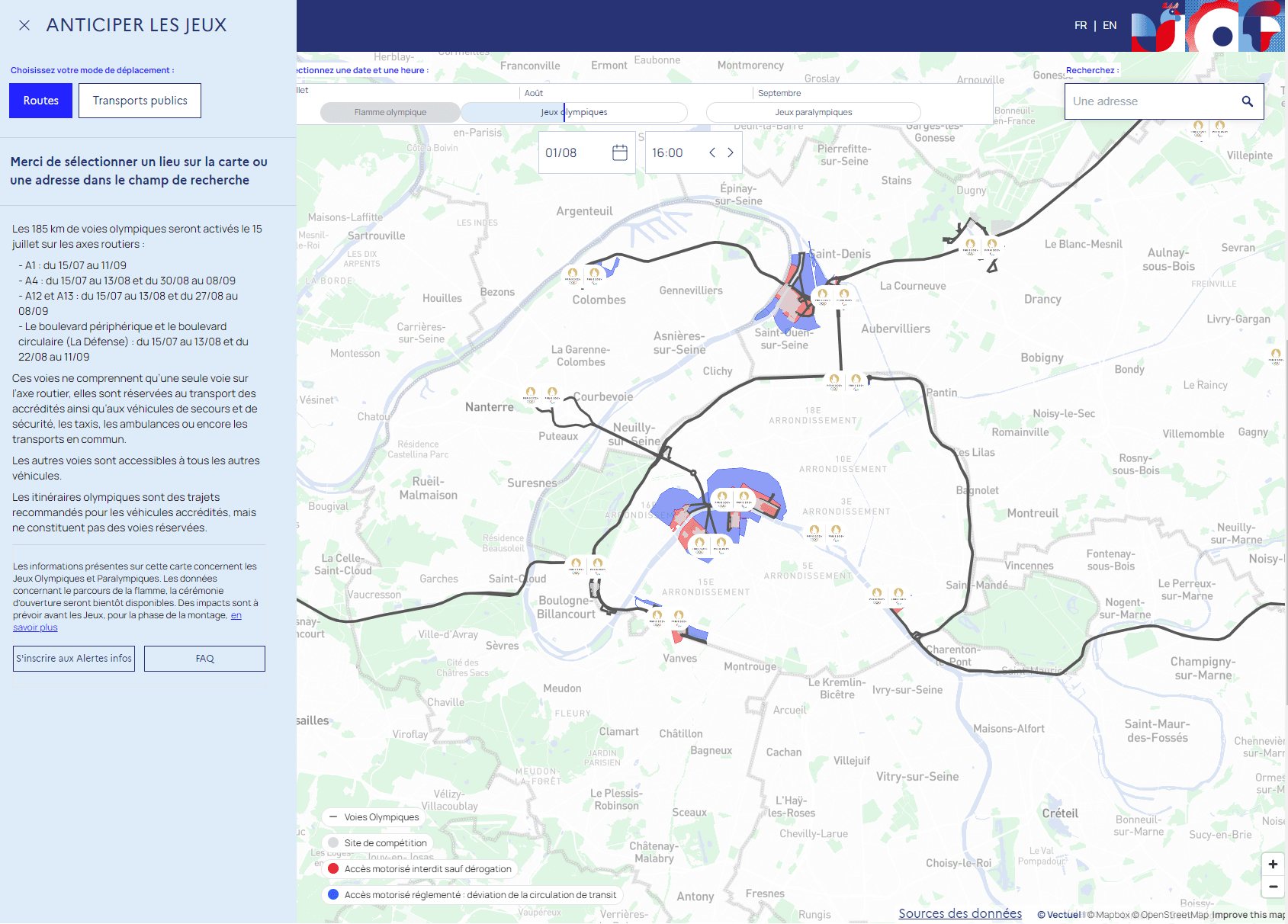 La carte interactive du gouvernement permet d'anticiper les difficultés de circulation durant la période des Jeux Olympiques et Paralympiques de Paris 2024.