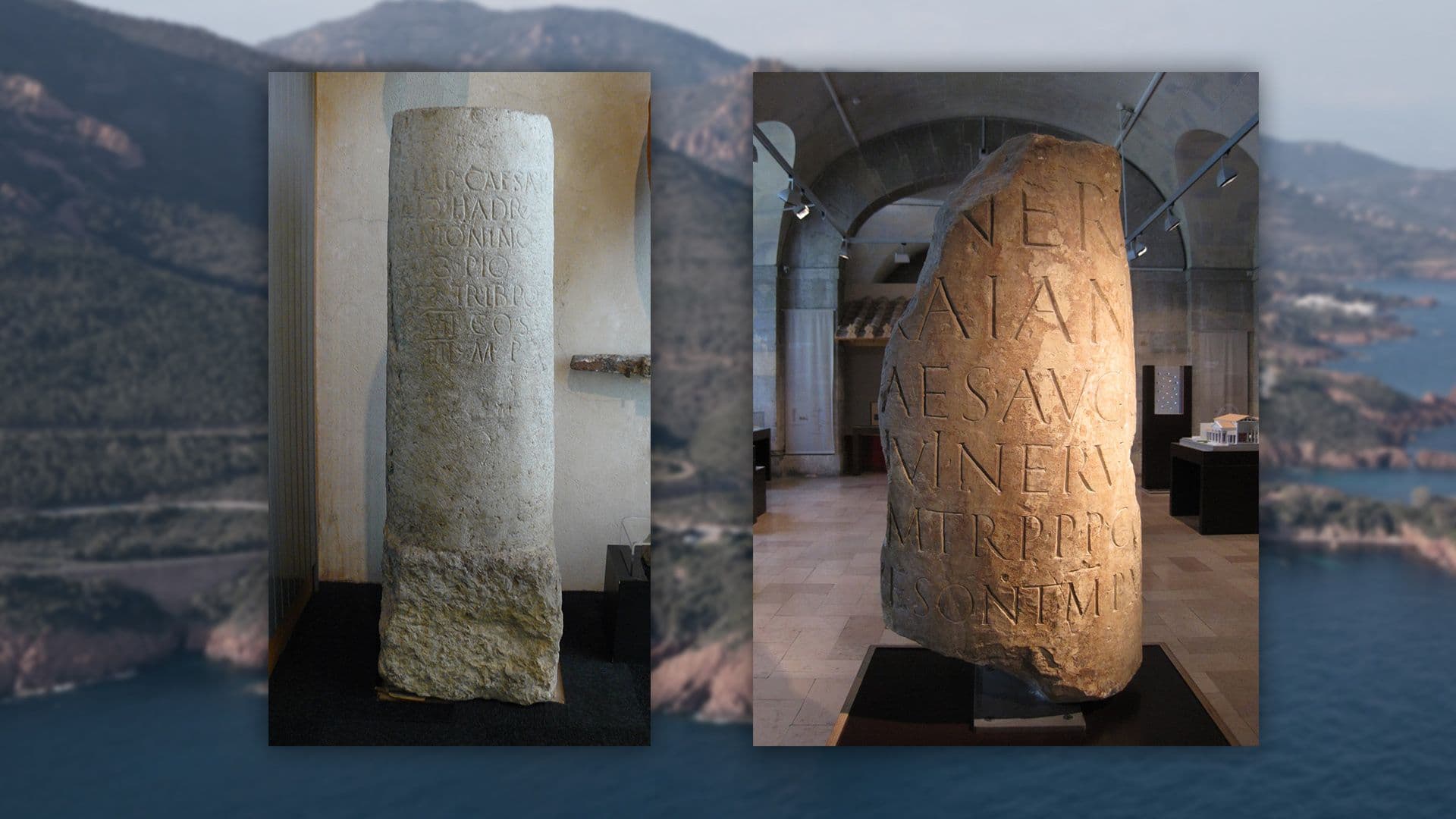 Deux stèles romaines en pierre avec des inscriptions latines affichées dans un musée