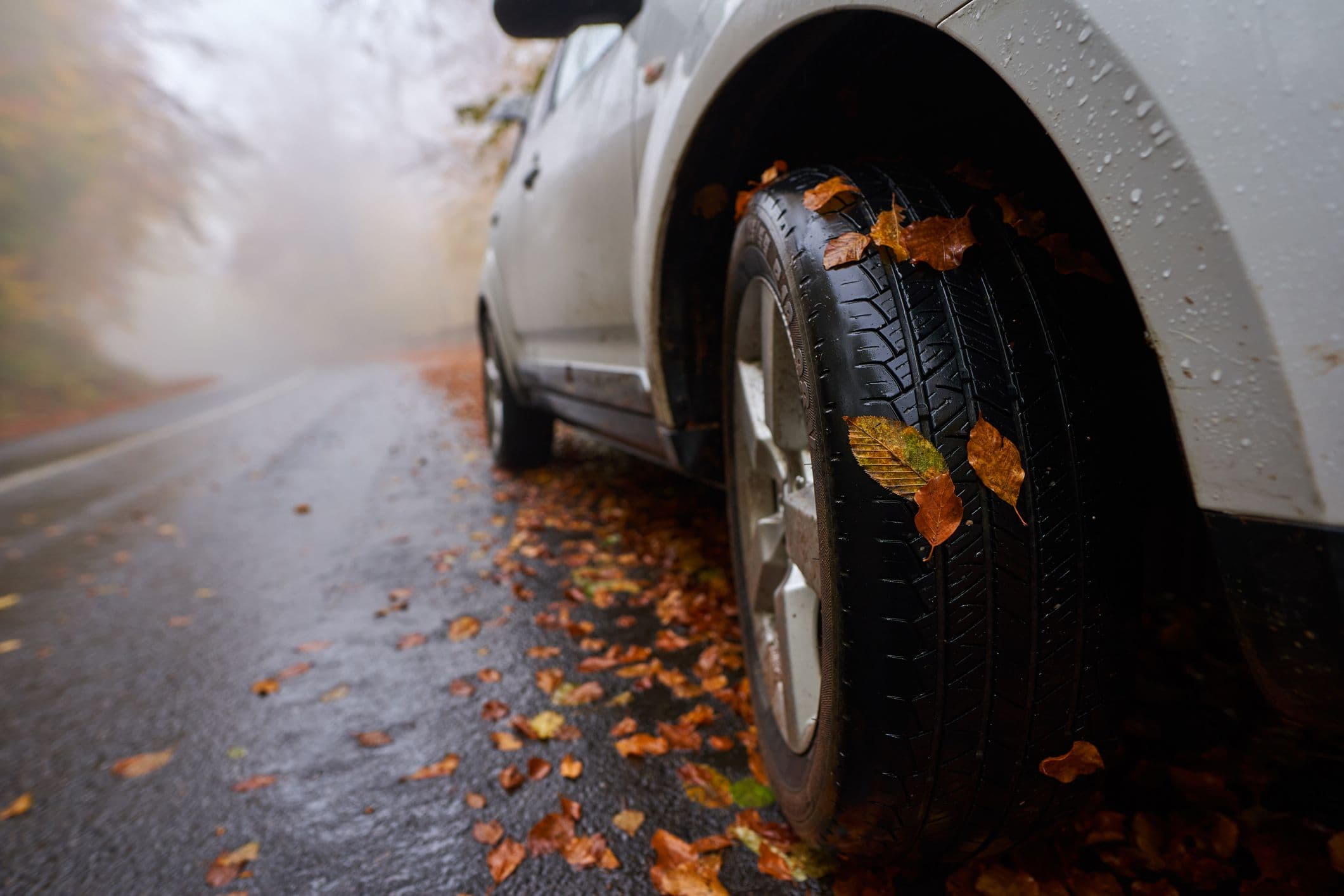 Une photo d'une roue de voiture avec des feuilles d'arbres orangées représentant l'automne pour mettre en avant notre quiz automobile sur les conditions climatiques de cette période
