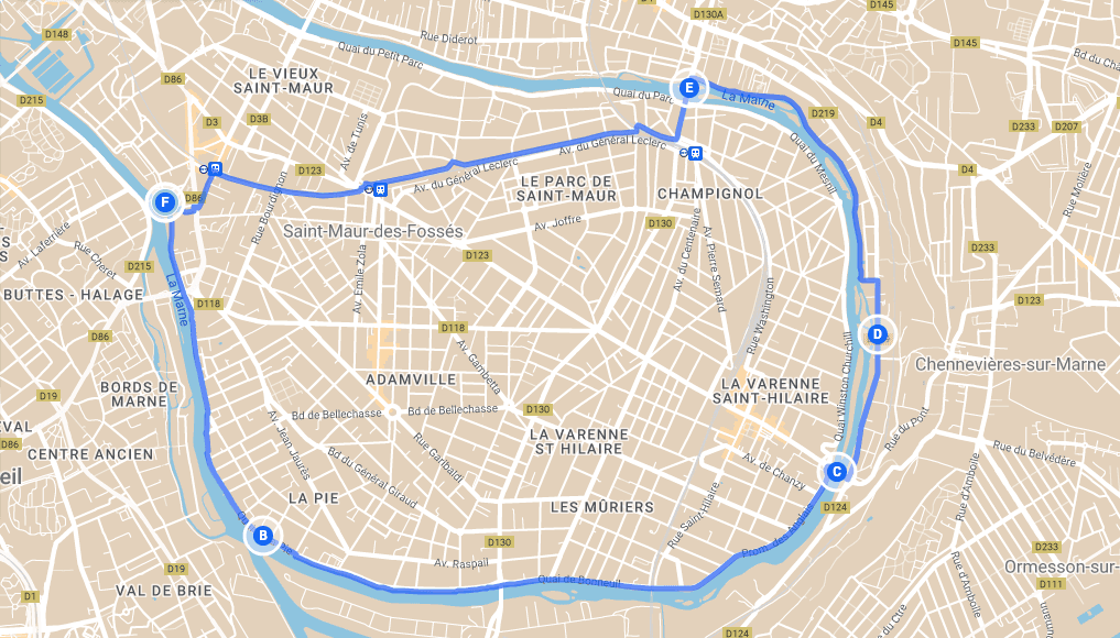 Itinéraire de balade de 11 km au départ du point A/F à Saint-Maur-des-Fossés.