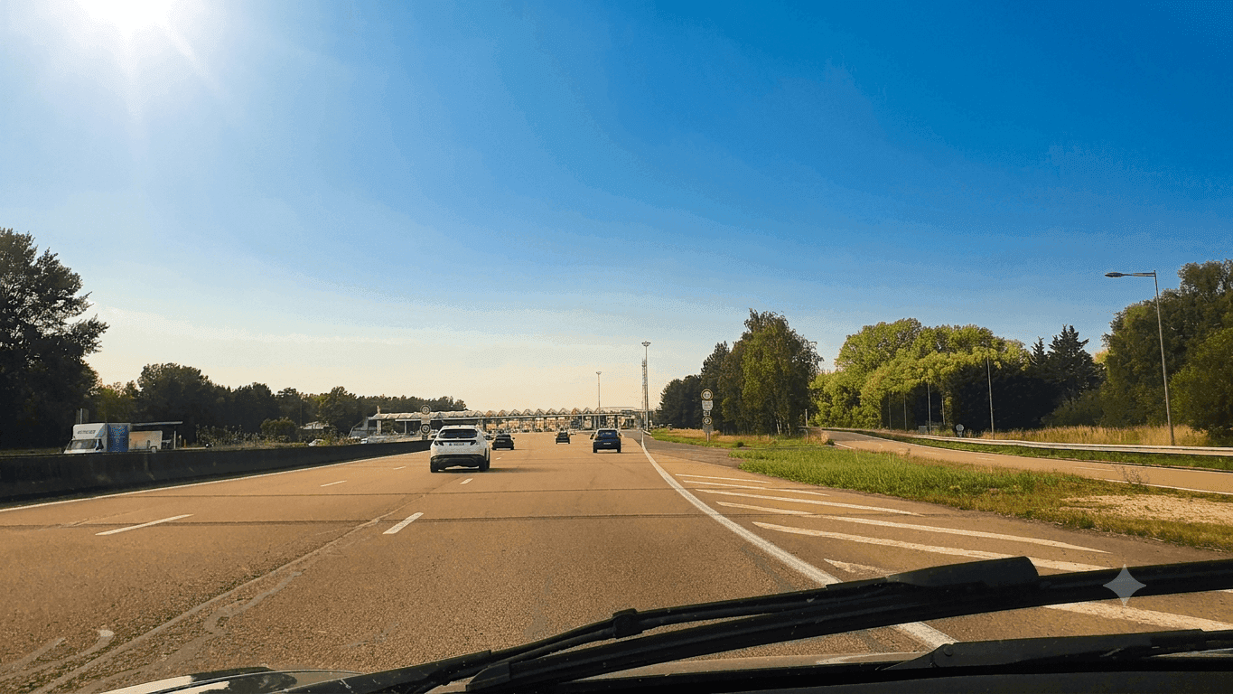 Vue depuis l'intérieur d'une voiture sur une autoroute française avec un péage, sous un ciel bleu ensoleillé caractéristique d'un week-end de canicule.
