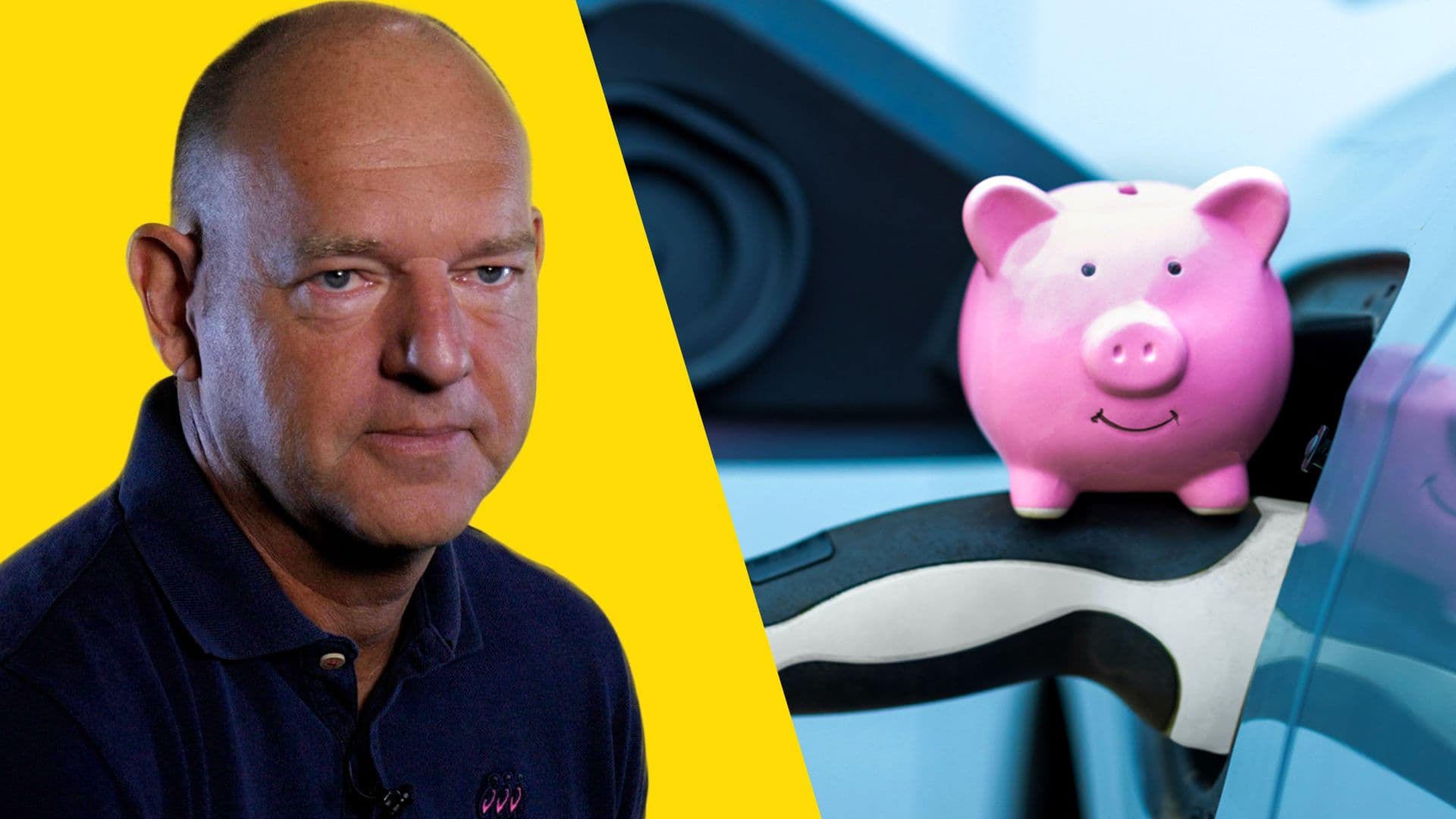 Laurent Perron à gauche, une tirelire posée sur un câble de recharge à droite